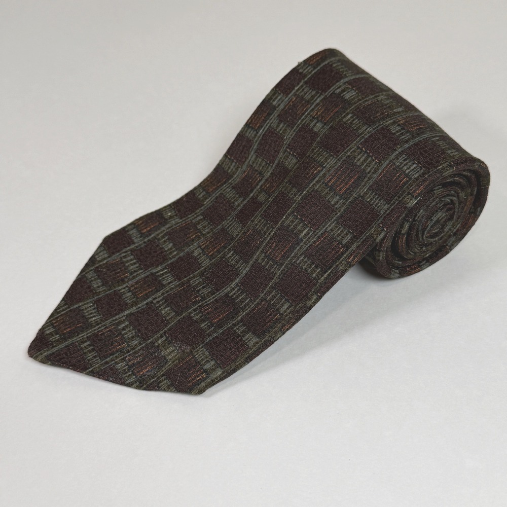 ERMENEGILDO ZEGNA Mens 100% Silk Necktie ITALY Designer Geometric Brown Green